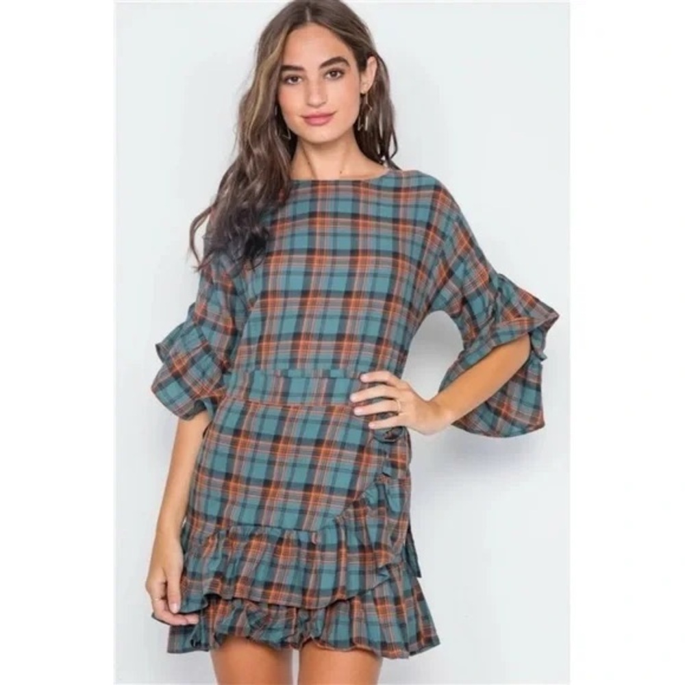 ❄️ Hot & Delicious | Blue Plaid Shirred Hem Front-Tie Mini Dress Boho Beach